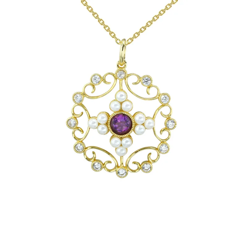 

Elegant Hollow out Decorative Pattern Cross Shell Pearls Amethyst Pendant Copper Plated 14k Gold Fashion Sweater Chain Autumn An