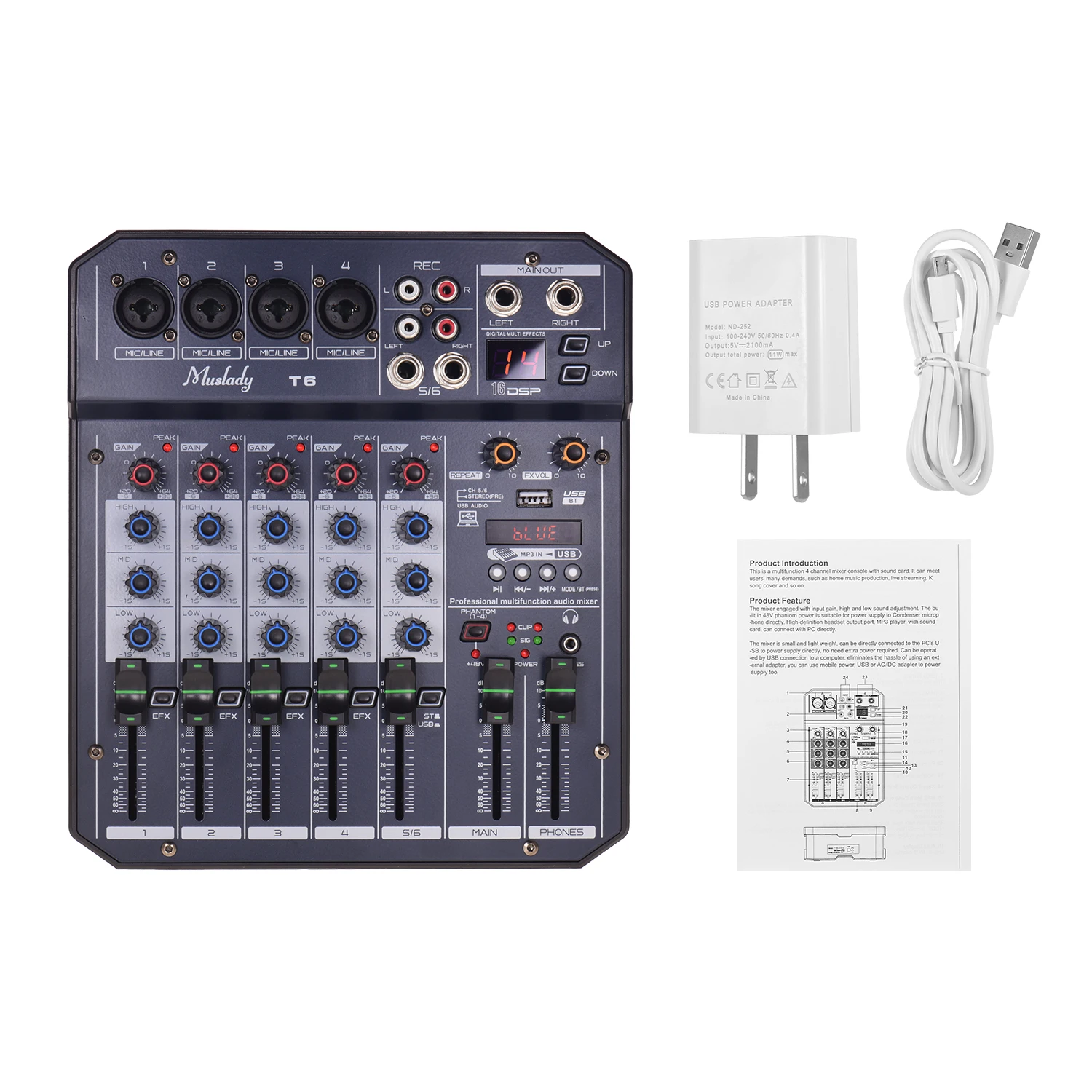 Professional 6 Channel PA Mixer / Independently Phantom Power MU-SE6ME