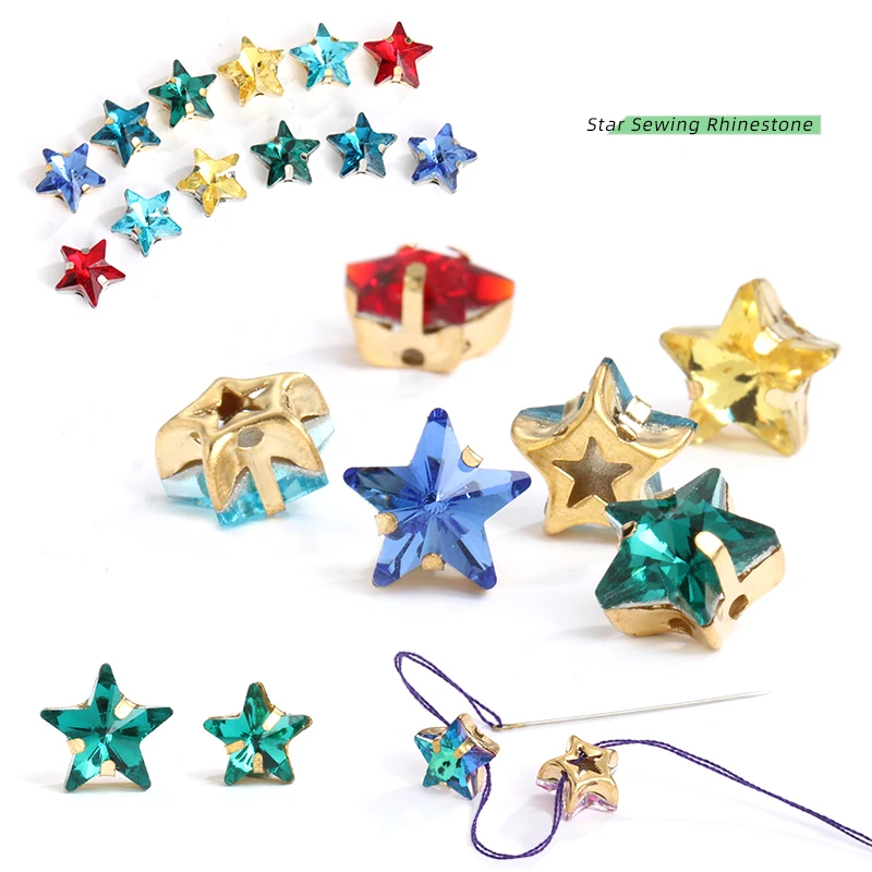 Pipatian Star Crystals Sewing on Rhinestone Beads for Needlework Metal Base Strass Colorful Fabric Decoration Star for Sewing