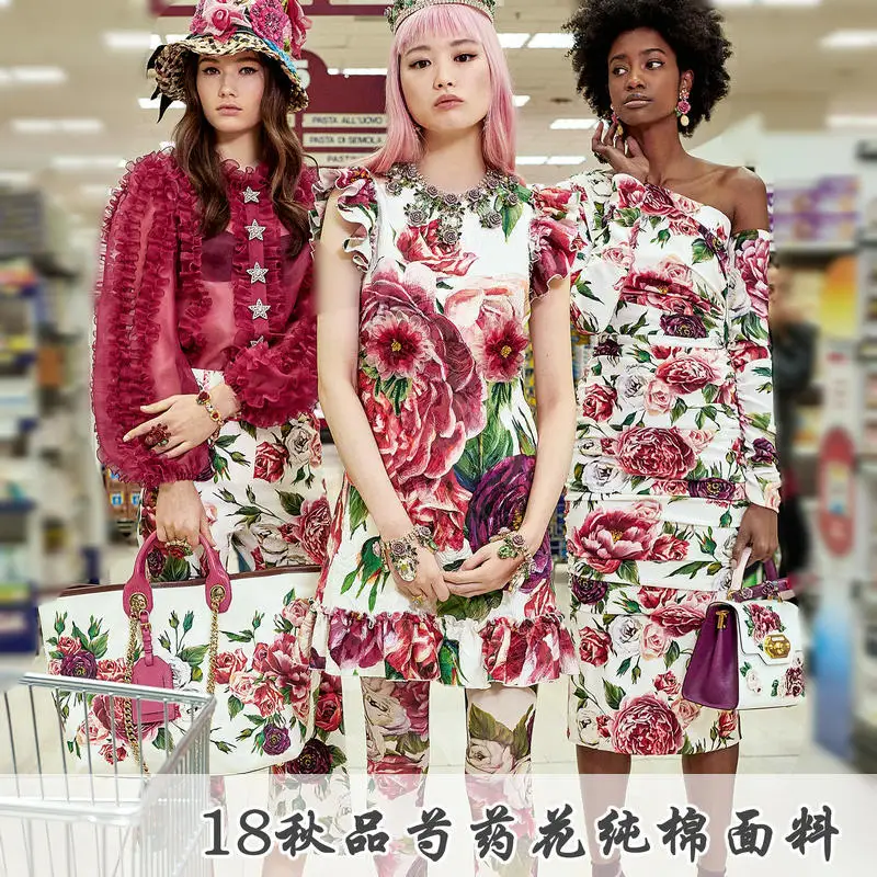 

2018 Early Autumn New Peony Printed Floral Cotton Silk Material Made of Pure Cotton Fabric High-grade Silk Dress DIY
