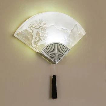 

Classical Chinese Fan Wall Lamp Living Room Stair Corridor Balcony Bedside Light Creative Decorative TV Wall Resin Wall Lamps