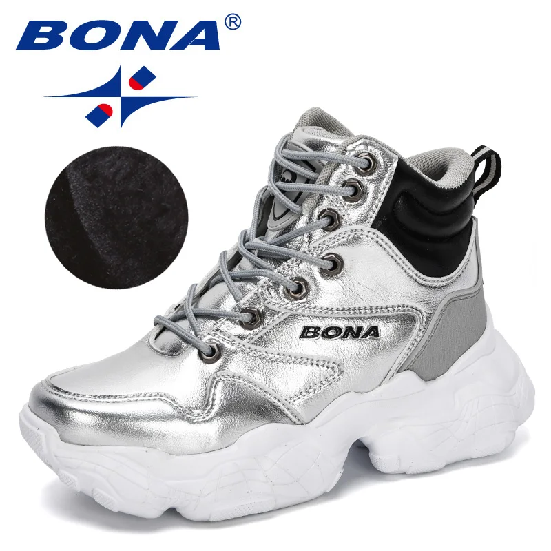 

BONA 2020 New Designers Trendy Platform Sneakers Plush Keep Warm Ladies Wedges Shoes Leather Woman Ankle Boots High Top Footwear