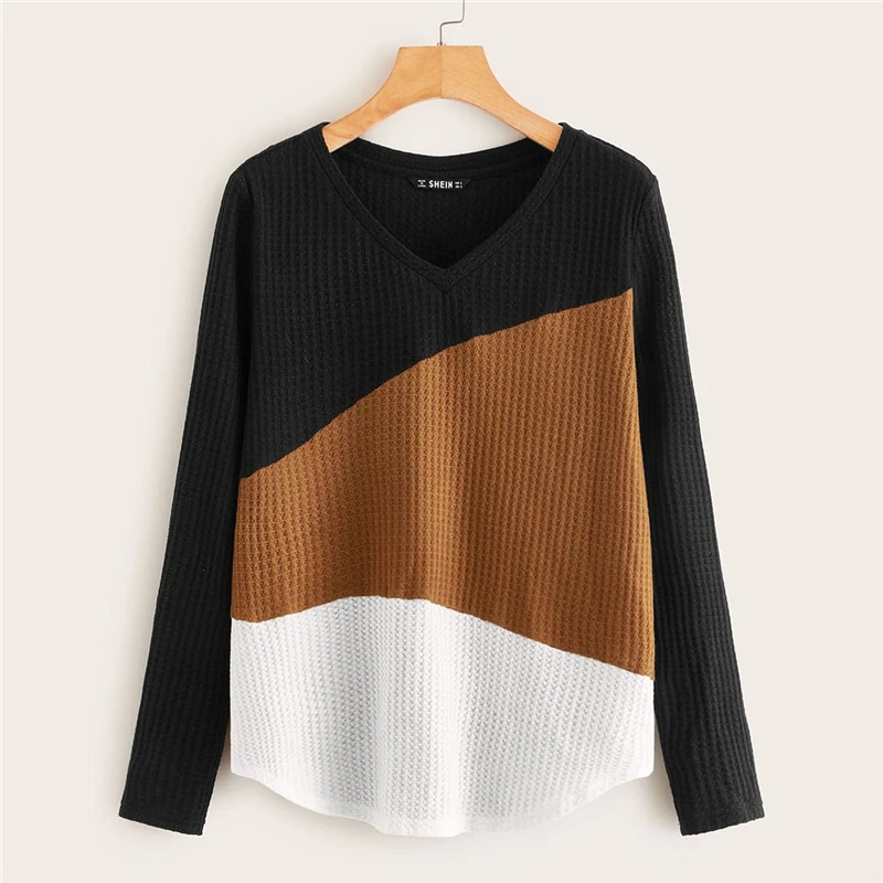 SweatyRocks, цветной топ с v-образным вырезом и изогнутым подолом, Текстурированный Топ для женщин, осень, уличная одежда, футболки, базовые Повседневные пуловеры с длинным рукавом