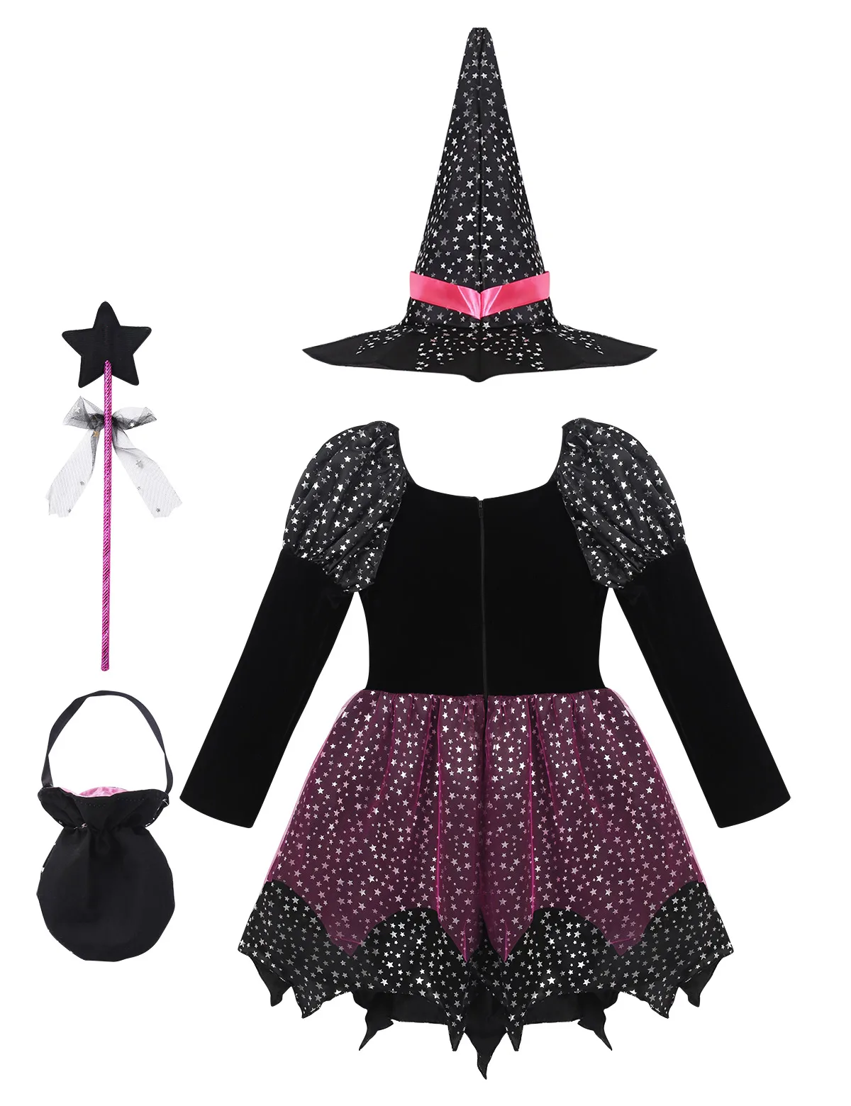 Детское платье с длинными рукавами и серебряными звездами для девочек, с острым носком, с волшебной палочкой и сумочкой в комплекте, костюм ведьмы на Хэллоуин