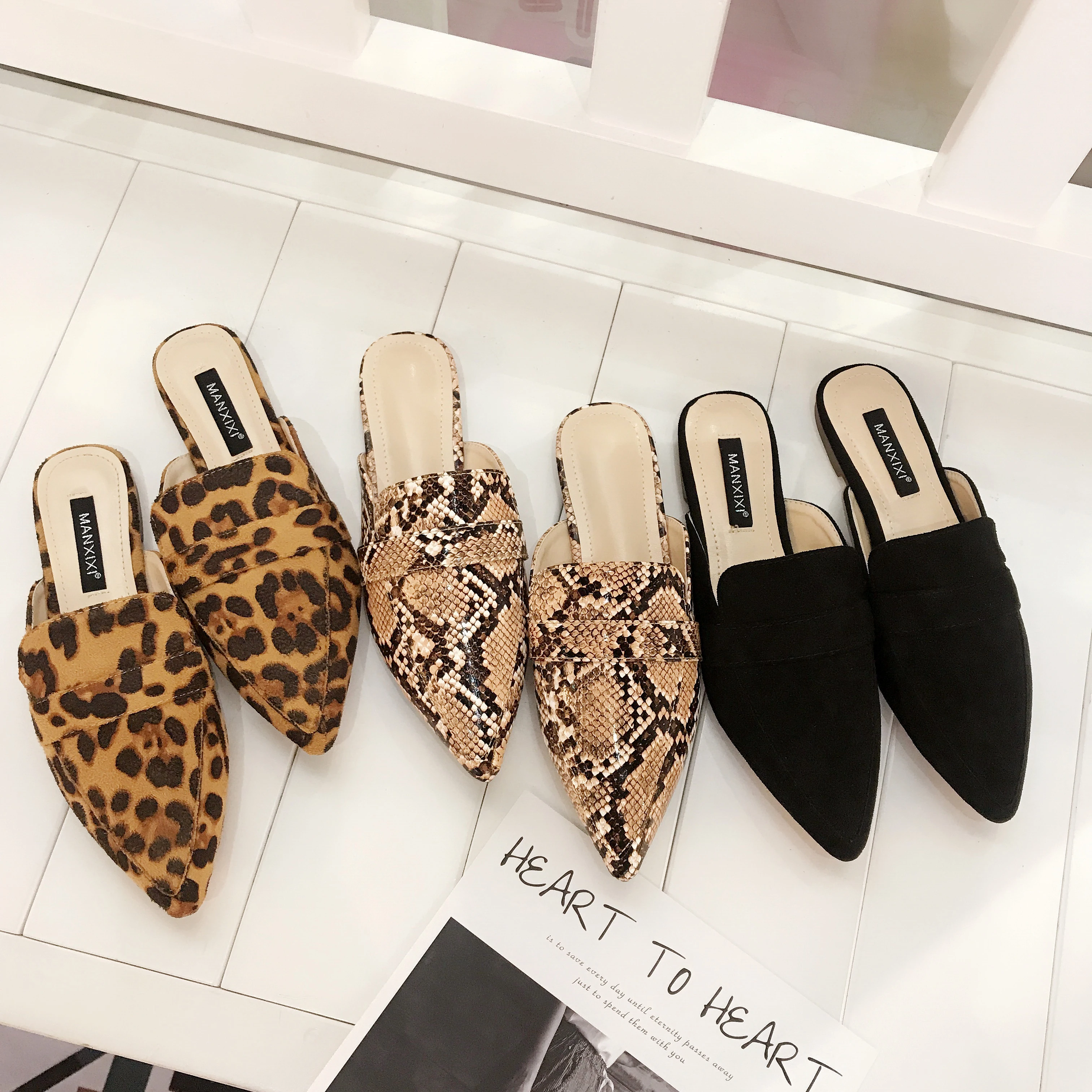 

Spring/Autumn Pointed Toe Slippers Flats for Women Mules Shoes Slip On Slides Ladies Snake Print/Leopard Casual Flats Slippers