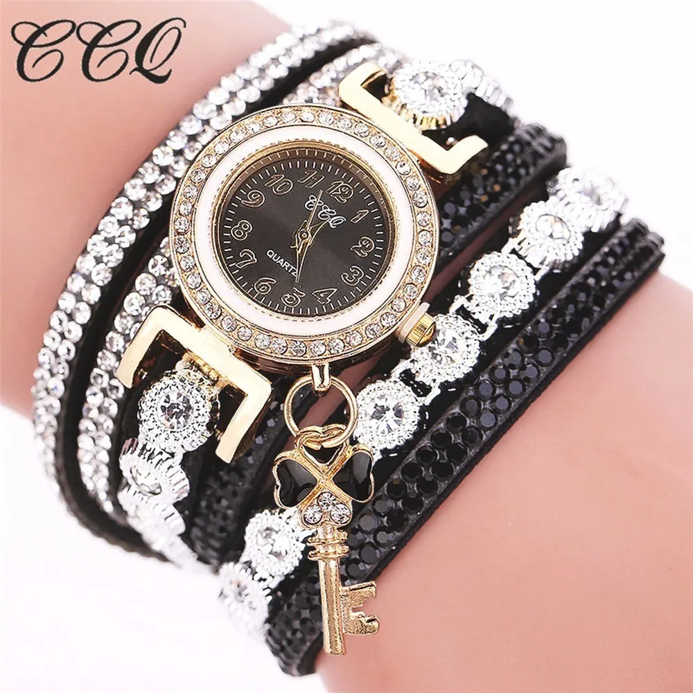 

Hot Selling Women Rhinestone Watch Casual Luxury Leather Bracelet Watch Quartz Analog Watch CCQ Brand Clock