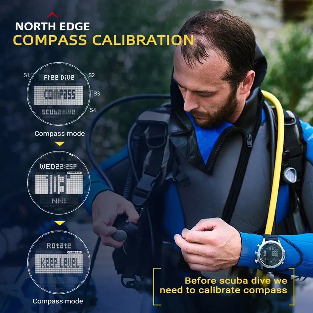 NORTH EDGE Men's Professional Diving Computer Watch Scuba Diving NDL 100m Waterproof Dive Watches Altimeter Barometer Compass