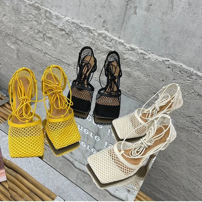 

2022 New Sexy Yellow Mesh Pumps Sandals Female Square Toe high heel Lace Up Cross-tied Stiletto hollow Dress shoes