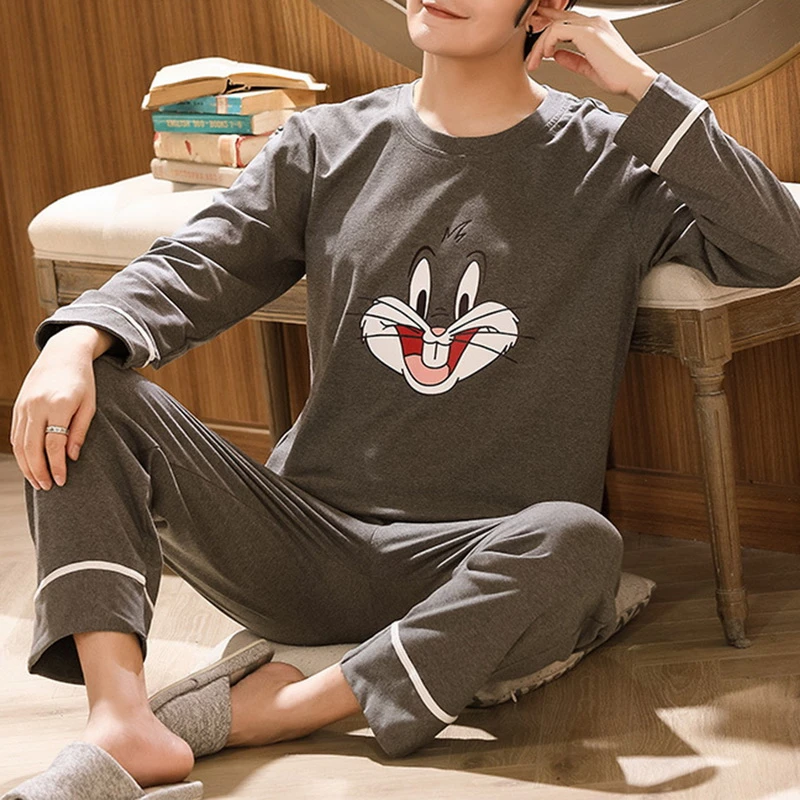 white pajama pants Cotton Long Sleeve Pajamas Set For Men Cute Green Cartoon Male Sleepwear Autumn Warm Casual Home Clothes Lattice Pants Pijamas black pajama pants