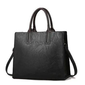 

Womens Leather Handbags Large Capacity Retro Vintage Hand Top-Handle Bags Solid Tote Sac Shoulder Black