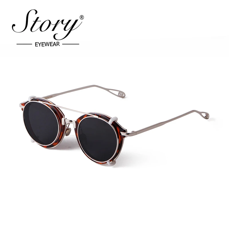 STORY Vintage Steampunk Clip on Sunglasses Men 2020 Fashion Classic Leopard Metal Round Removable Flip Lens Sun Glasses S1810