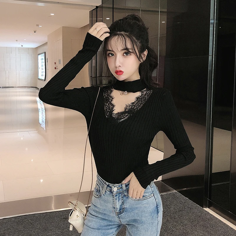 Soft Thicken Winter Pullovers Sweaters Women knitted Full Sleeve Patchwork Lace V-neck Pullover Sweater Female BH3199 | Женская одежда