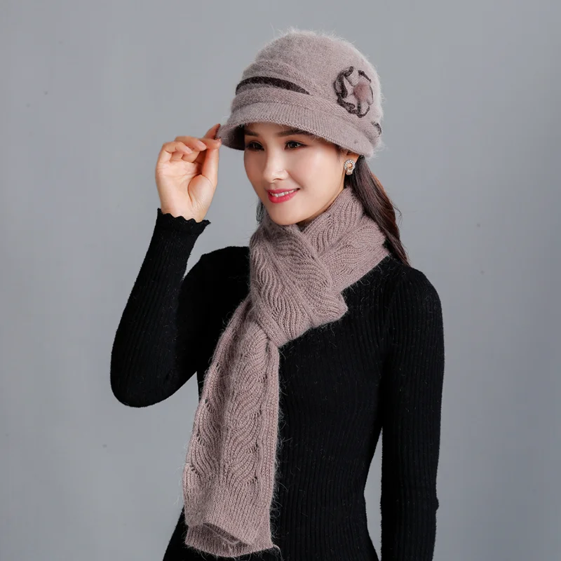 New Winter Women Rabbit Fur Hat Scarf Set Lady Warm Wool Knitted Plush Hat Scarf Crochet Sets Beanie Mother Caps Scarf Shawl Gif