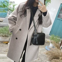 LITTHING Новое тонкое шерстяное пальто, модное женское пальто с длинным рукавом и отложным воротником, верхняя одежда, куртка, повседневное осеннее зимнее пальто