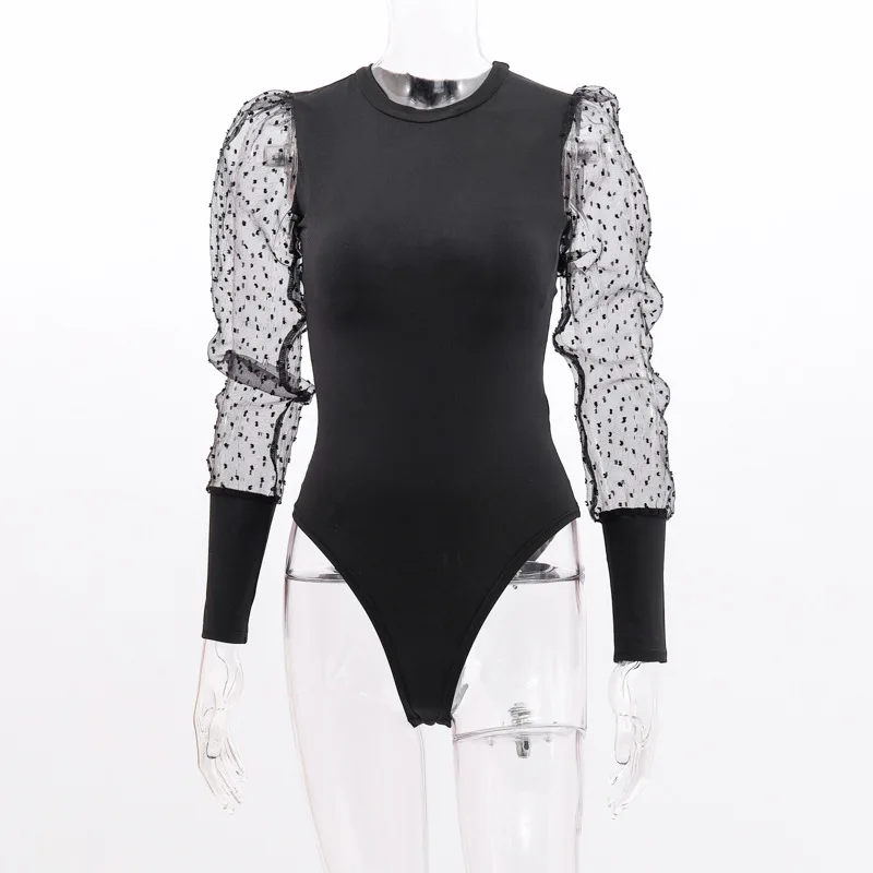 BOOFEENAA Transparent Mesh Polka Dot Puff Long Sleeve Body Suits Women Autumn Winter Tops Elegant Sexy Body Feminino C70-H86