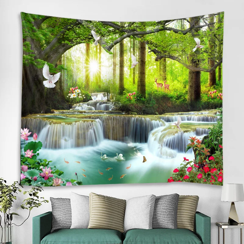 Beautiful natural forest waterfall printed large wall tapestry sea view hippie wall tapestry bohemian mandala tapestry decor
