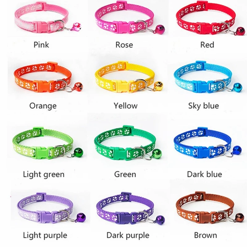 The New Pet Collar, Adjustable Colored Collar with Bell for Positioning and Cat Paw Dog Print Traction Accessories