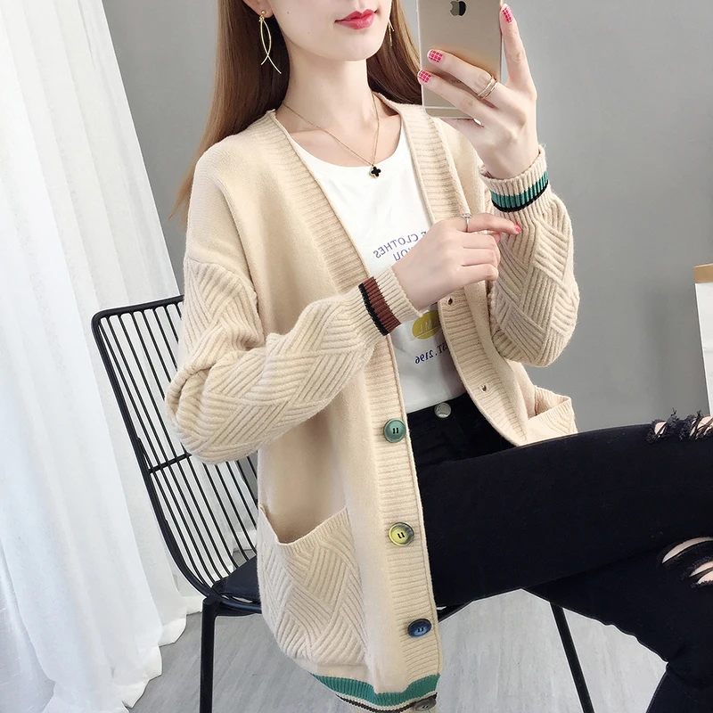 6 Colors Kintted Women Sweater Loose Pockets V-neck Long Sleeve Cardigan Knitwear Fashion Autumn Winter Sweaters Black Blue Red 6 Colors Kintted Women Sweater Loose Pockets V-neck Long Sleeve Cardigan Knitwear Fashion Autumn Winter Sweaters Black Blue Red