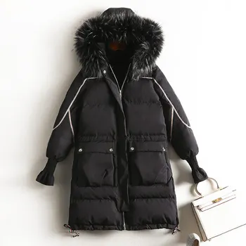 

Winter Women Large Size Chubby Sister Long Coat Black Thin Look Cotton Padded Jacket Large Fur Collar Cotton Office Lady Coat