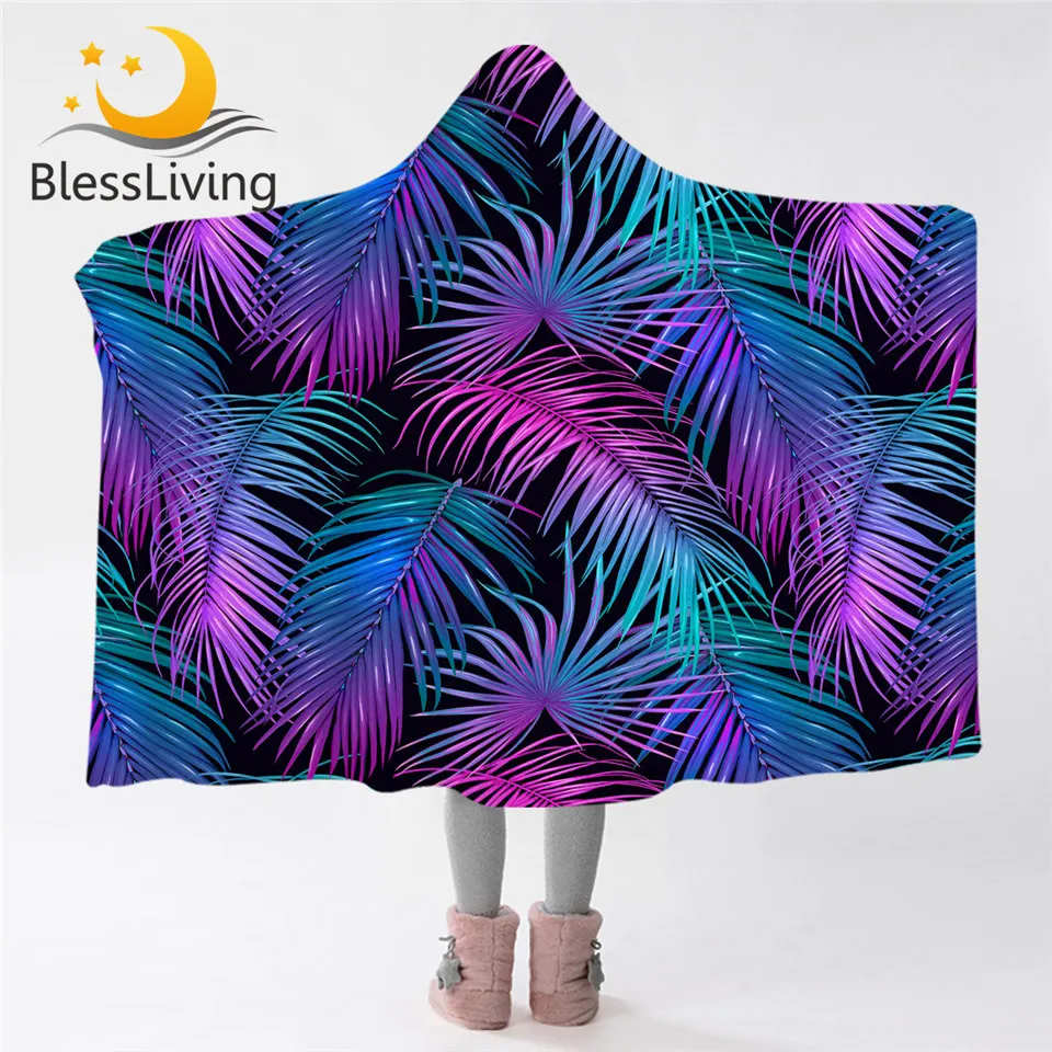 

BlessLiving Palm Leaf Hooded Blanket for Adults Purple Green Sherpa Fleece Wearable Blanket Dazzling Throw Blanket Hoodie 1pc