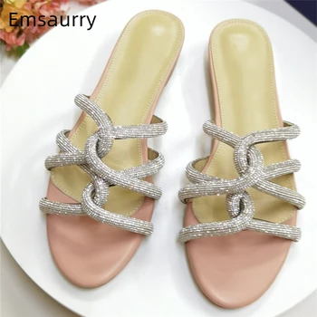 

Cross Narrow Band Rhinestone Slippers Women Sexy Open Toe Multicolor Luxury Satin Flat Heel Crystal Lazyman Mules