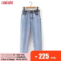 Tangada 2021 mode frauen mom jeans hosen mit gürtel lange hosen strethy taille taschen zipper weibliche hosen HY41