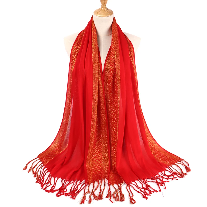 Женский Блестящий цветочный принт хлопок люрекс головной платок кисточки платок хиджаб хорошее качество шарф Мусульманский тюрбан турецкий шарф