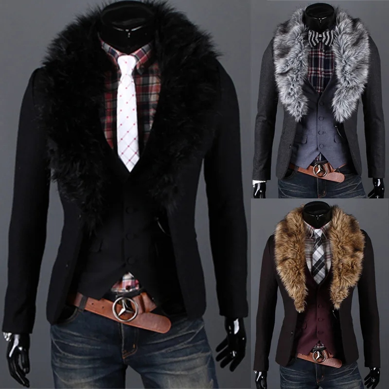 

Winter Jacket Men Two buckled Slim Fit Casual Coat Male Detachable Wool Collar Warm Outerwear