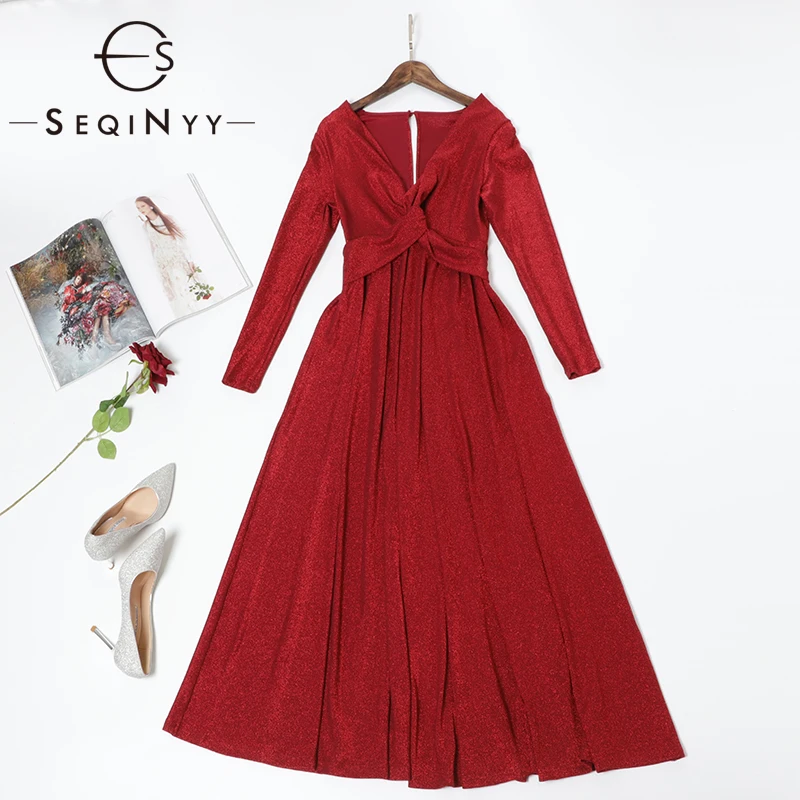 SEQINYY, сексуальное красное платье, весна-осень, модный дизайн, длинный рукав, яркая нить, высокое качество, Элегантное Длинное Платье