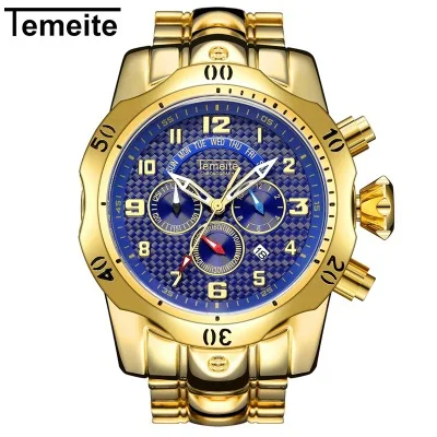 Gold Purple Мужские модные часы TEMEITE, брендовые, с хронографом, многофункциональные, с календарем, светящиеся, водонепроницаемые часы для мужчин, s Quart, часы из стали, подарок - Цвет: Gold Purple