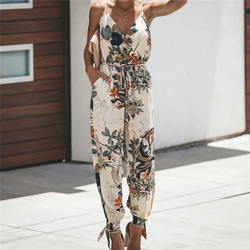 Lace Back Skinny Jumpsuit Women's Printing Color Casual Sleeveless V-neck Strap Jumpsuit sueter vestido de mujer D12 (10)
