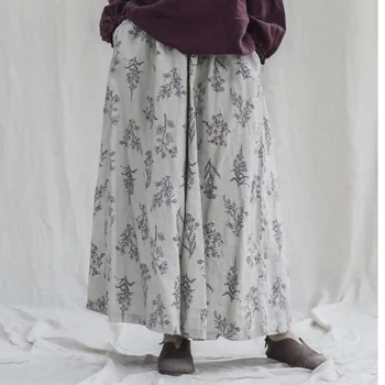 

[EWQ] 2020 Spring Summer New Arrivals Cotton Linen Print Pattern Mid Waist Vintage Loose Wide Leg Ankle-length Pants AW01712