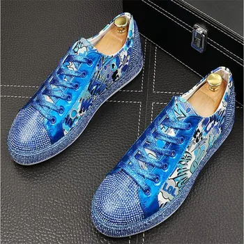 

High Quality Fashion Men Rhinestone Silver Blue Mixed Colors Causal Shoes Loafers For Mens Driving Bottom Rubber Wedding Shoes