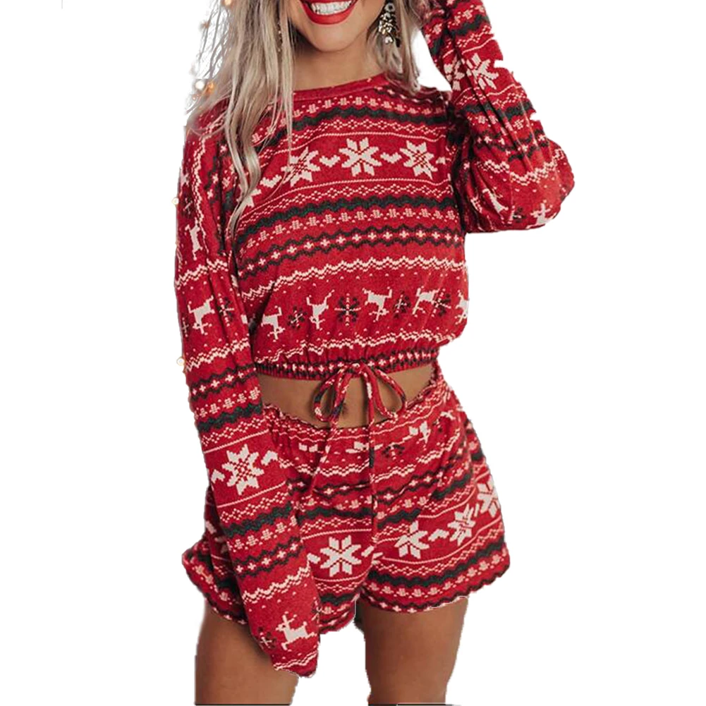 

Christmas 2 Pcs Set Women Pajama Suits Xmas Snowflake Print Kawaii Long Sleeve Elastic Crop Top Shorts Fall Pullover Homewear