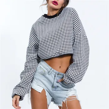 

Fall 2019 New Fashion Women O-neck Long Sleeve Sweatshirt Outwear Print Patchwork Sweatshirt Pulliver Crop Tops