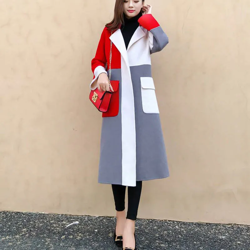 New Warm Contrast Color Wool Coat Women Long Sleeve Turn-down Collar Outwear Jacket Casual Autumn Winter Elegant coat female