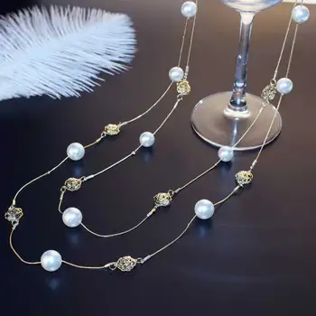 

Luxury Camellia Crystal Sweater Chain Long Necklace Fall Winter Rose Flower Pearl Necklace For Woman