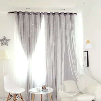 

Layers Hollow Out Stars Curtains Double Fabric and Gauze Drapes Blinds (Grey)