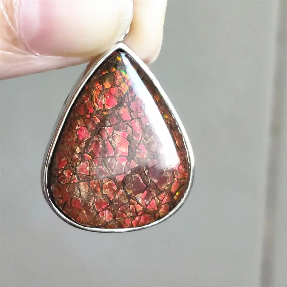 Природный Аммонит Ammolite красный цветастый светильник Кулон Серебряное колье с подвеской с камнями в 25x21x5 мм Для женщин Для мужчин из Канады Цепочки и ожерелья AAAAA