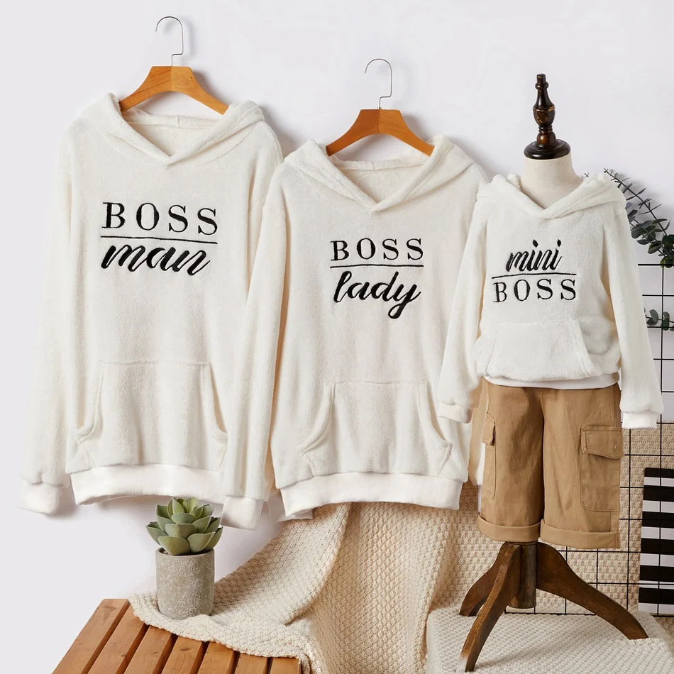 Sudaderas polares con capucha a juego para Familia, suéter con capucha, Mini Boss, letras estampadas, ropa informal para mamá y yo