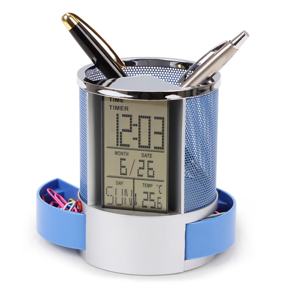 

Multifunction Pen Pencil Holder Digital Calendar Alarm Clock Time Temp Function Metal Mesh For Home Desk Office Supplies TU-shop