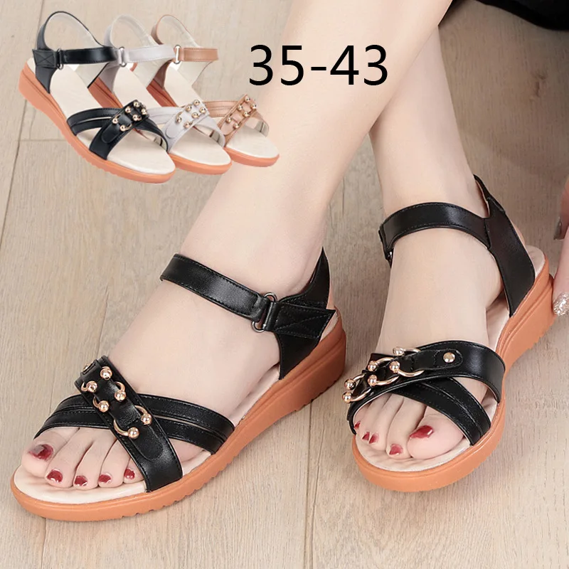 

Mom Sandals Women's Summer Flat Flat Heel Middle-aged Soft-Sole Comfortable Middle-aged Rubber Sole Large Size Anti-slip WOMEN'S