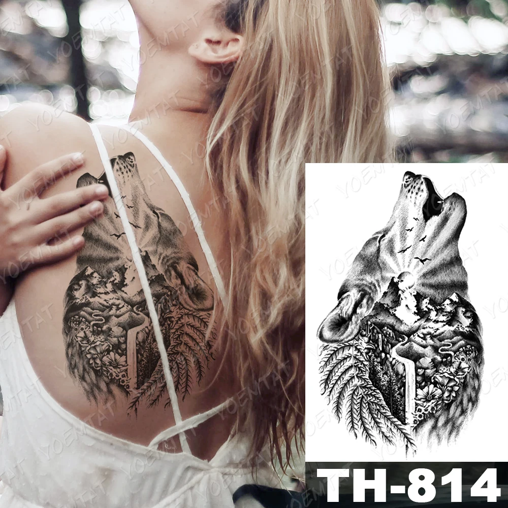 Waterproof Temporary Tattoo Sticker Wolf Forest Mountain Flash Tattoos Bird River Body Art Arm Fake Tatoo Women Men Temporary Tattoos Aliexpress