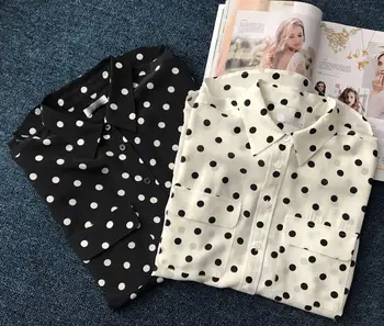 

Classic wave point fashion black and white wave point heavy sand wash silk long sleeve shirt womens tops and blouses women shirt