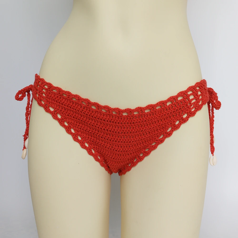 Women Sport Sexy Bikini Thong Handmade Crochet Swimwear Bikini Bottom Hollow-out Low Waist Bathing Suit Bottoms