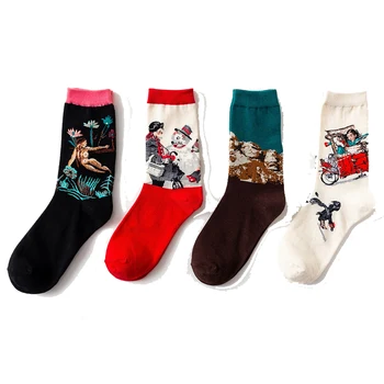 

harajuku retro art socks men kawaii oil painting van gogh socks funny halloween gothic Starry Night in Tube Socks For Women