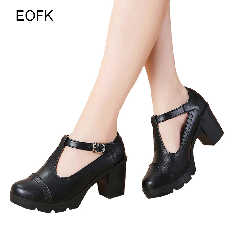EOFK Women Pumps Shoes T Strape High Heels Brogue High Square Heel Genuine Leather Wedge Shoes Richelieu Woman Ladies