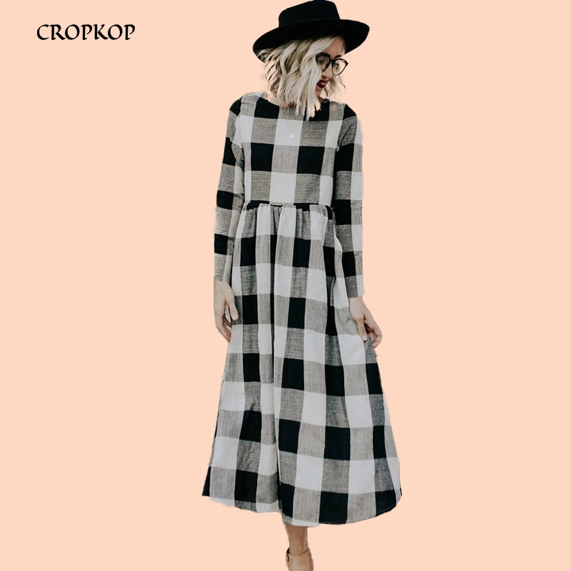 Tanie Kobiety sukienka w kratę O szyi szlafrok z długim rękawem Femme Vestidos wysokiej talii Sukienki elegancka linia długa sukienka jesień odzież damska