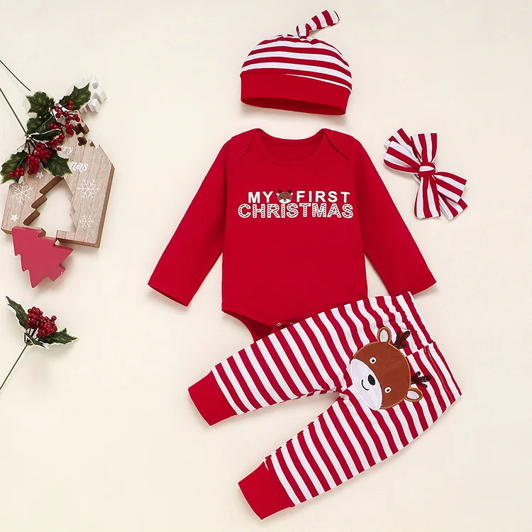 Рождественская Одежда для новорожденных мальчиков и девочек, одежда с принтом «My First Christmas», комбинезон, брюки, длинные штаны, шапка, комплект одежды, костюм