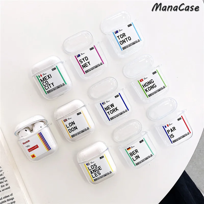 

Luxury Air tickets for Airpods 2 1 Bluetooth Headset case INS Label Bar code US City letter Earphone Clear Soft TPU Cover coque